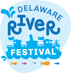 Delaware River Festival features a light blue blob with dark blue, orange, and pink fish outlines under the ferry sihlouette and water droplets spewing from the ferry column with the words "Delaware River Festival."