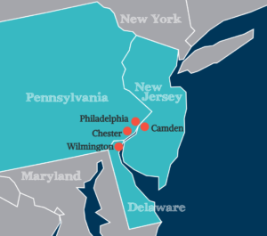 A map showing the four cities of the Urban Waters Delaware River location, including Philadelphia and Chester in Pennsylvania, Camden in New Jersey, and Wilmington in Delaware.